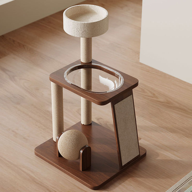 Contemporary Scandinavian Round Rubberwood Cat Tree – Solid Wood with Acrylic Details, Multi-Functional for Living Room