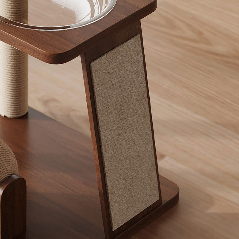 Contemporary Scandinavian Round Rubberwood Cat Tree – Solid Wood with Acrylic Details, Multi-Functional for Living Room