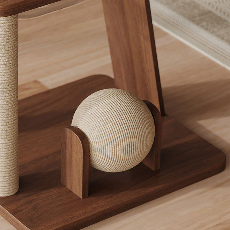 Contemporary Scandinavian Round Rubberwood Cat Tree – Solid Wood with Acrylic Details, Multi-Functional for Living Room