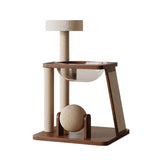 Contemporary Scandinavian Round Rubberwood Cat Tree – Solid Wood with Acrylic Details, Multi-Functional for Living Room
