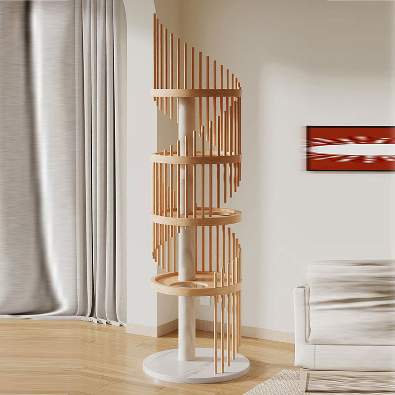 Modern Art Deco Spiral Cat Tree – Round Rubberwood, Pine & Ash with Stone Slab, 3/4/5-Tier, Ideal for Living Room