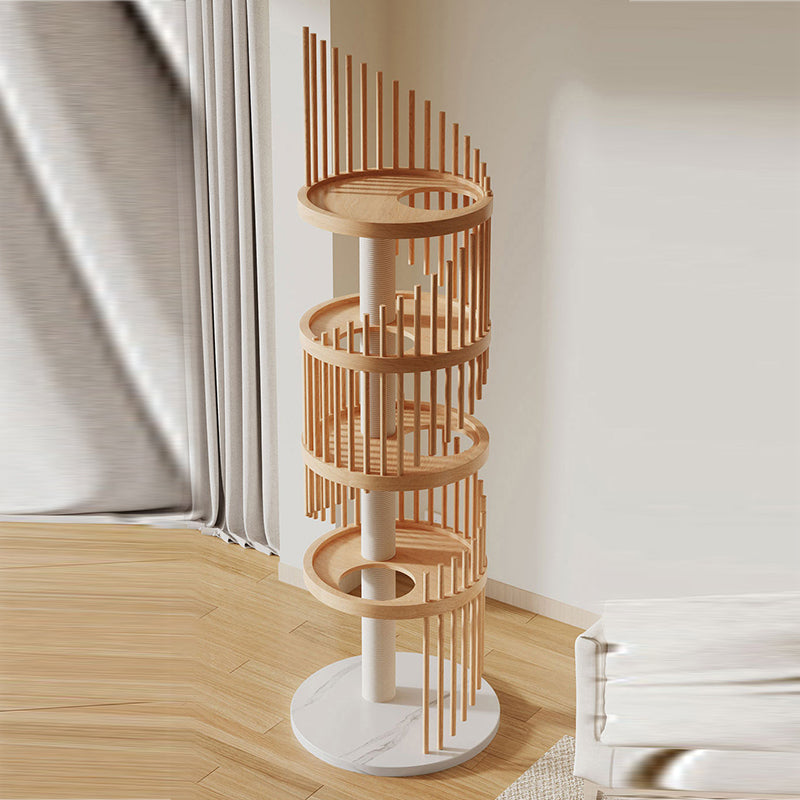 Modern Art Deco Spiral Cat Tree – Round Rubberwood, Pine & Ash with Stone Slab, 3/4/5-Tier, Ideal for Living Room
