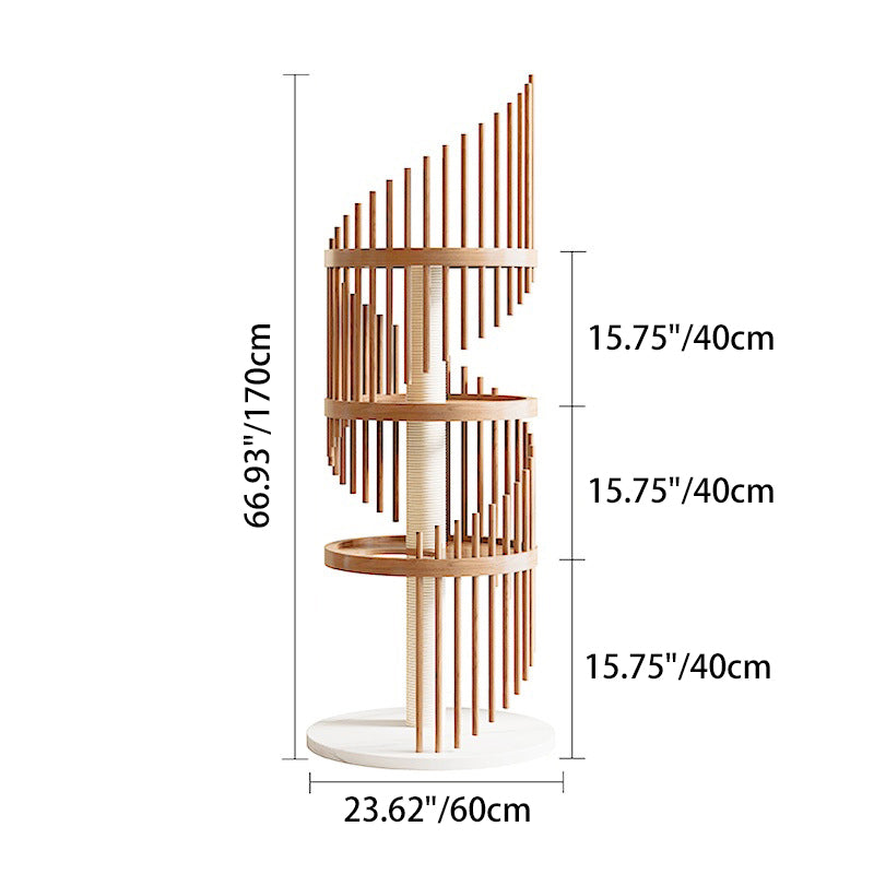 Modern Art Deco Spiral Cat Tree – Round Rubberwood, Pine & Ash with Stone Slab, 3/4/5-Tier, Ideal for Living Room