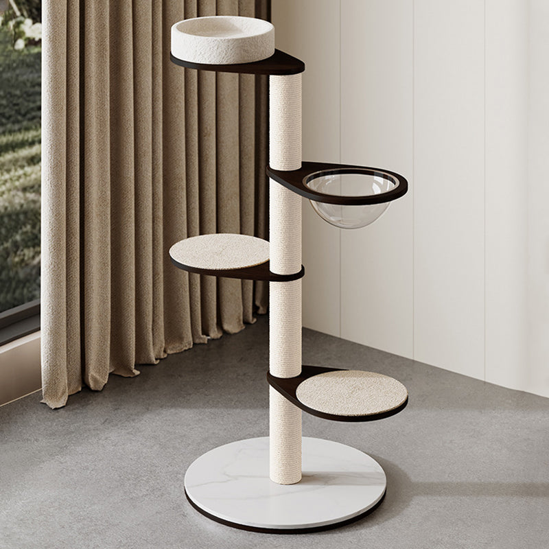 Contemporary Scandinavian Round Solid Wood Cat Tree with Multi-Layer Panels and Pine Stone Slab – Multi-Functional Living Room Design