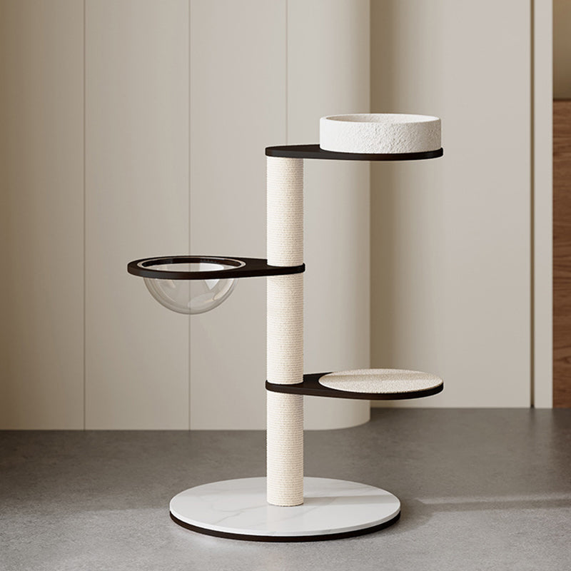 Contemporary Scandinavian Round Solid Wood Cat Tree with Multi-Layer Panels and Pine Stone Slab – Multi-Functional Living Room Design
