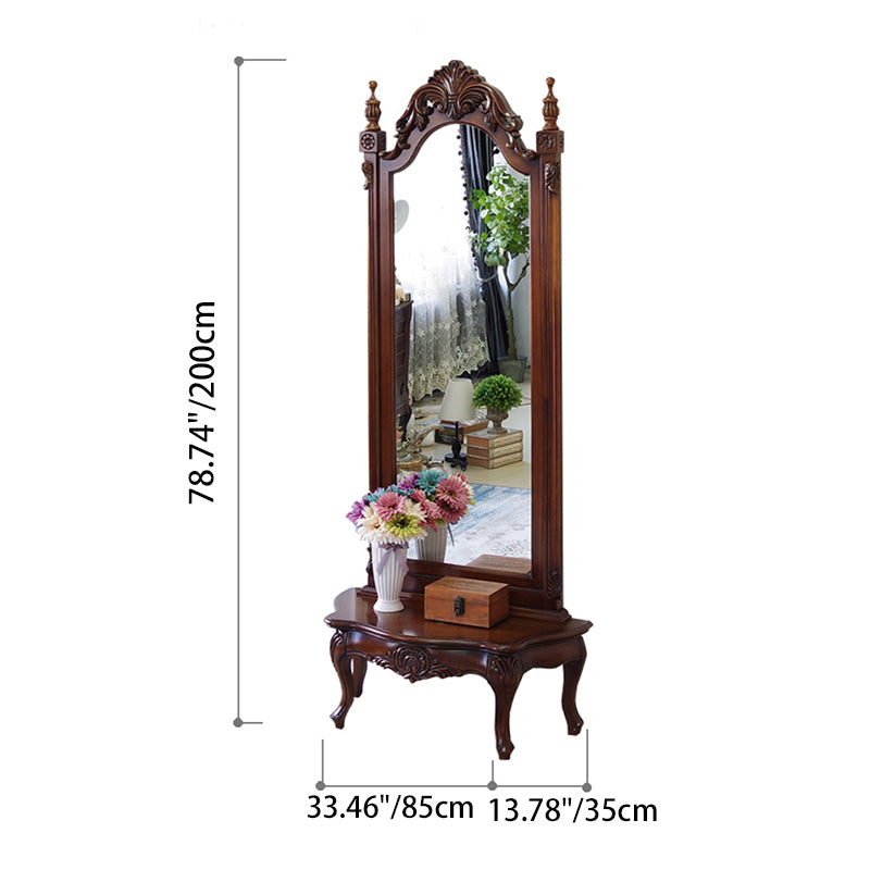Traditional European Full-Length Mirror with Carved Catalpa Wood Frame, MDF Core and Tempered Glass – Elegant Rectangular Bedroom Accent