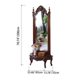 Traditional European Full-Length Mirror with Carved Catalpa Wood Frame, MDF Core and Tempered Glass – Elegant Rectangular Bedroom Accent