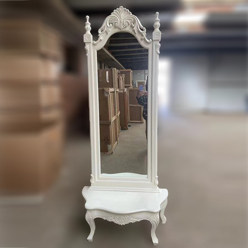 Traditional European Full-Length Mirror with Carved Catalpa Wood Frame, MDF Core and Tempered Glass – Elegant Rectangular Bedroom Accent
