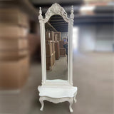 Traditional European Full-Length Mirror with Carved Catalpa Wood Frame, MDF Core and Tempered Glass – Elegant Rectangular Bedroom Accent