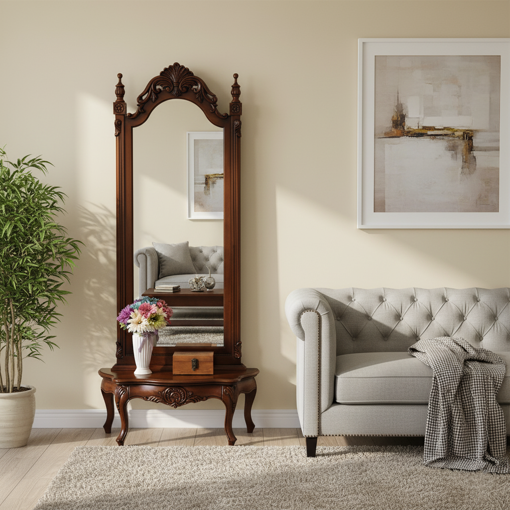 Traditional European Full-Length Mirror with Carved Catalpa Wood Frame, MDF Core and Tempered Glass – Elegant Rectangular Bedroom Accent