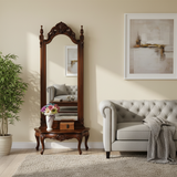 Traditional European Full-Length Mirror with Carved Catalpa Wood Frame, MDF Core and Tempered Glass – Elegant Rectangular Bedroom Accent