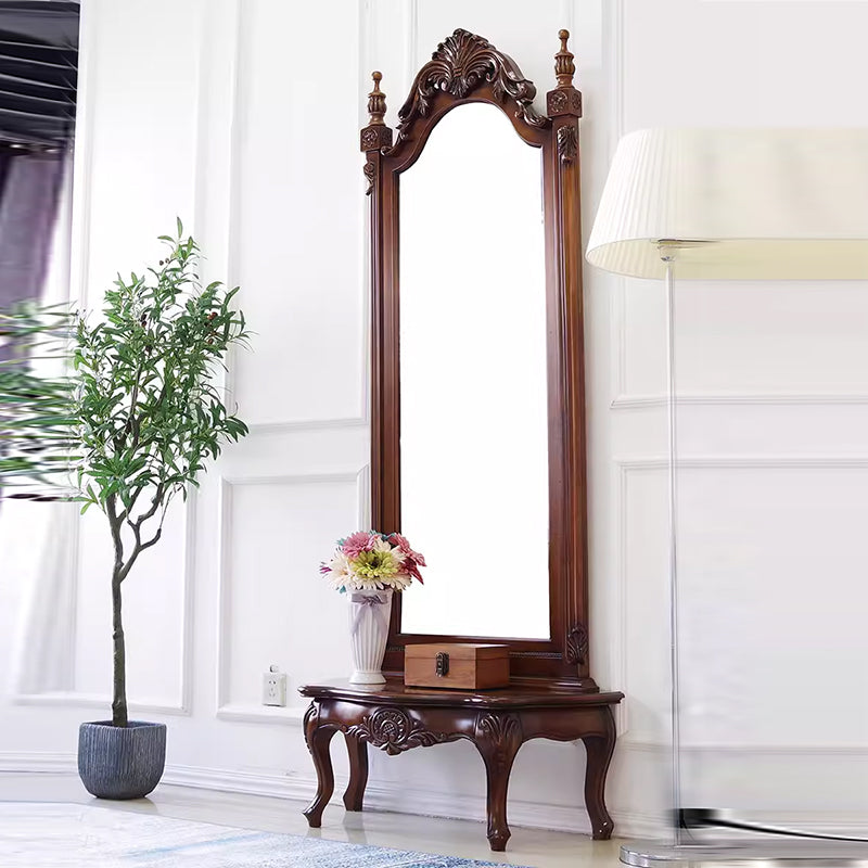 Traditional European Full-Length Mirror with Carved Catalpa Wood Frame, MDF Core and Tempered Glass – Elegant Rectangular Bedroom Accent
