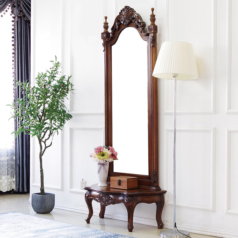 Traditional European Full-Length Mirror with Carved Catalpa Wood Frame, MDF Core and Tempered Glass – Elegant Rectangular Bedroom Accent