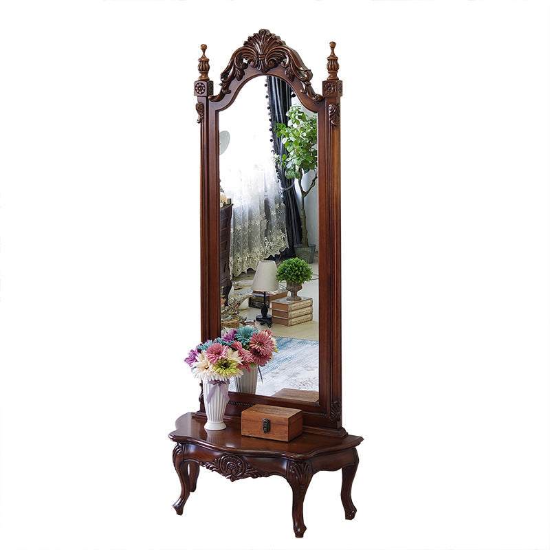 Traditional European Full-Length Mirror with Carved Catalpa Wood Frame, MDF Core and Tempered Glass – Elegant Rectangular Bedroom Accent