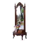 Traditional European Full-Length Mirror with Carved Catalpa Wood Frame, MDF Core and Tempered Glass – Elegant Rectangular Bedroom Accent