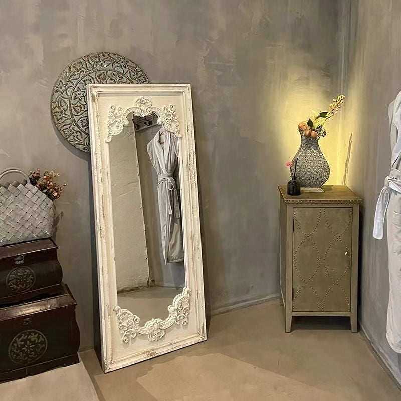 Elegant Traditional Vintage Rectangular Full-Length Mirror in Wabi-Sabi Fir Wood with Glass Accent for Entryways