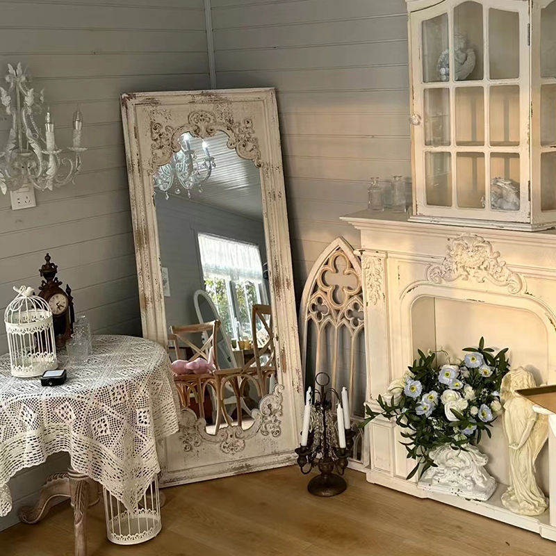 Elegant Traditional Vintage Rectangular Full-Length Mirror in Wabi-Sabi Fir Wood with Glass Accent for Entryways