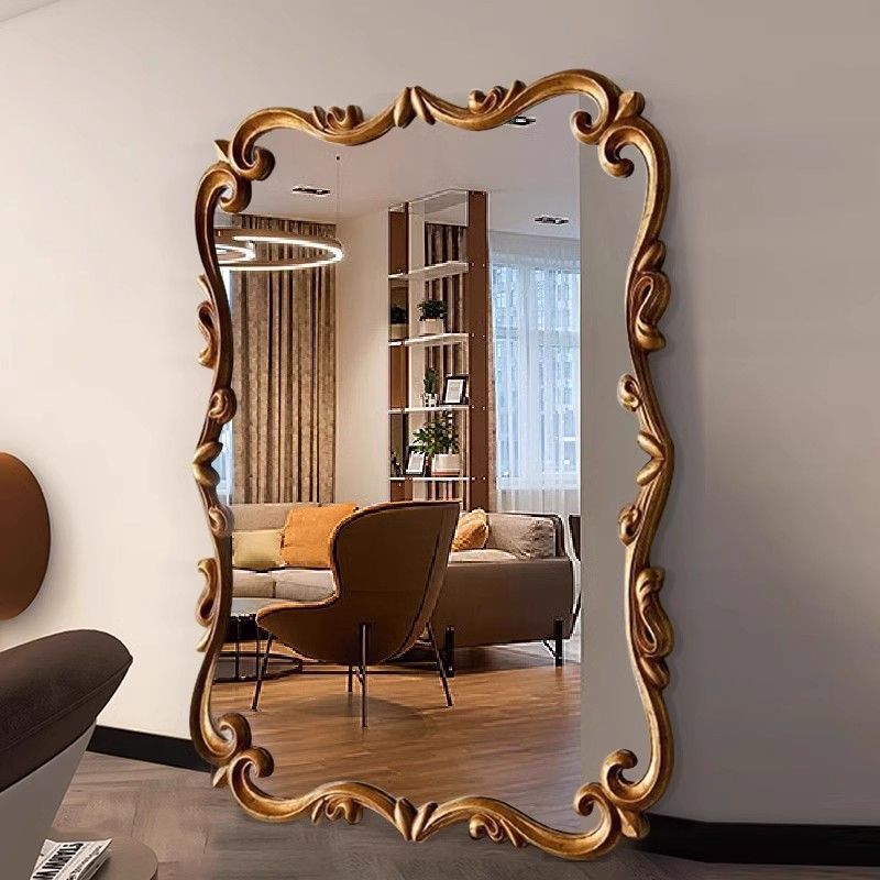 Traditional French-Style Magnificent Rectangular Full-Length Mirror with Carved Glass Panel Accent for Bedroom