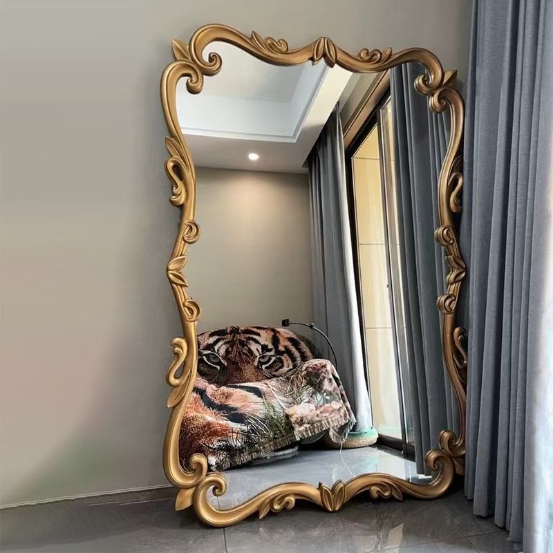 Traditional French-Style Magnificent Rectangular Full-Length Mirror with Carved Glass Panel Accent for Bedroom