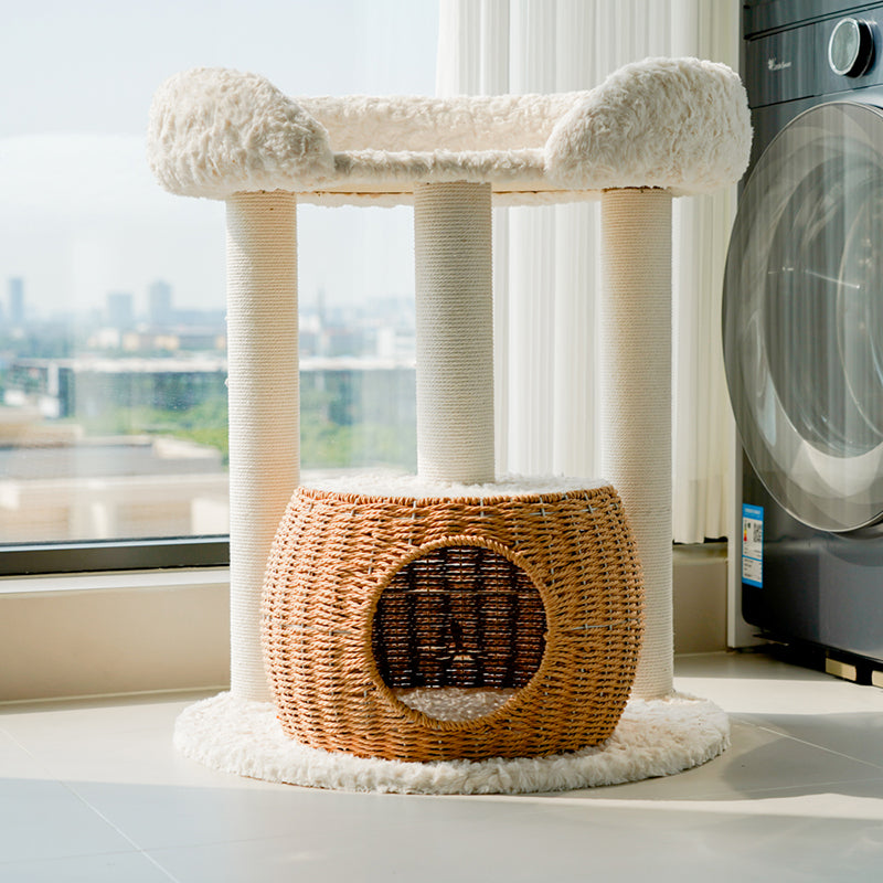 Round Scandinavian-Style Cat Tree with Velvet Fabric and Sisal Posts — MDF Construction, Multi-Functional Living Room Furniture