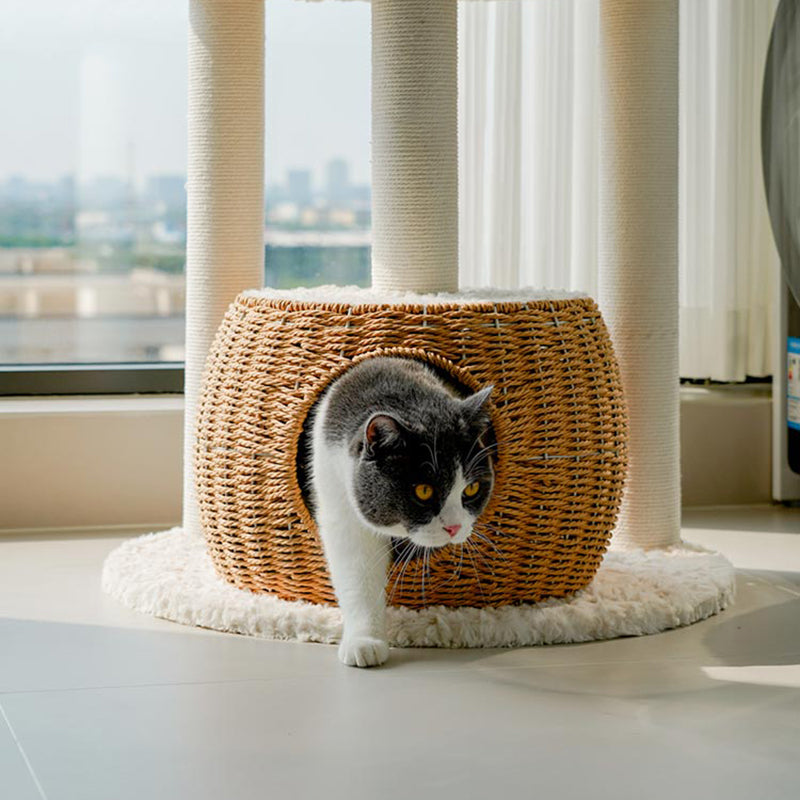 Round Scandinavian-Style Cat Tree with Velvet Fabric and Sisal Posts — MDF Construction, Multi-Functional Living Room Furniture