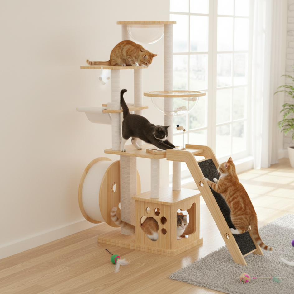 Modern Rectangular Solid Pine Wood Cat Tree with Acrylic Accents and Kraft Paper Rope — Multi-Level, Multi-Functional for Living Room