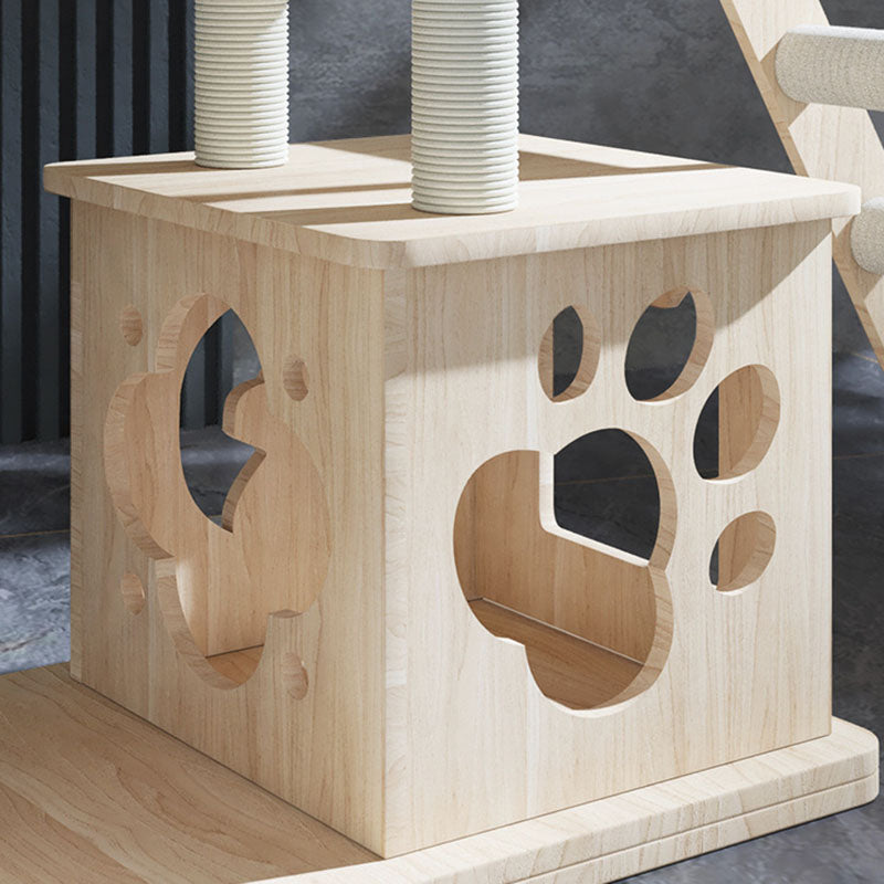 Modern Rectangular Solid Pine Wood Cat Tree with Acrylic Accents and Kraft Paper Rope — Multi-Level, Multi-Functional for Living Room