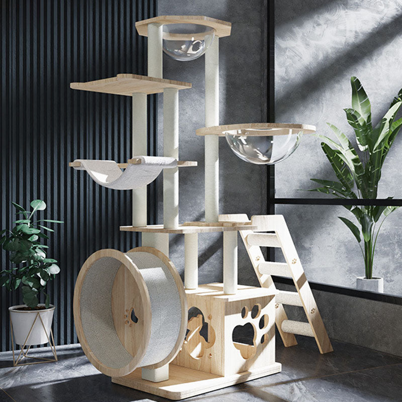 Modern Rectangular Solid Pine Wood Cat Tree with Acrylic Accents and Kraft Paper Rope — Multi-Level, Multi-Functional for Living Room