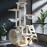 Modern Rectangular Solid Pine Wood Cat Tree with Acrylic Accents and Kraft Paper Rope — Multi-Level, Multi-Functional for Living Room