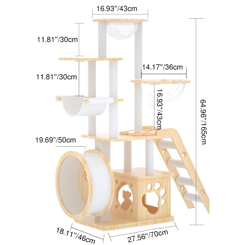 Modern Rectangular Solid Pine Wood Cat Tree with Acrylic Accents and Kraft Paper Rope — Multi-Level, Multi-Functional for Living Room