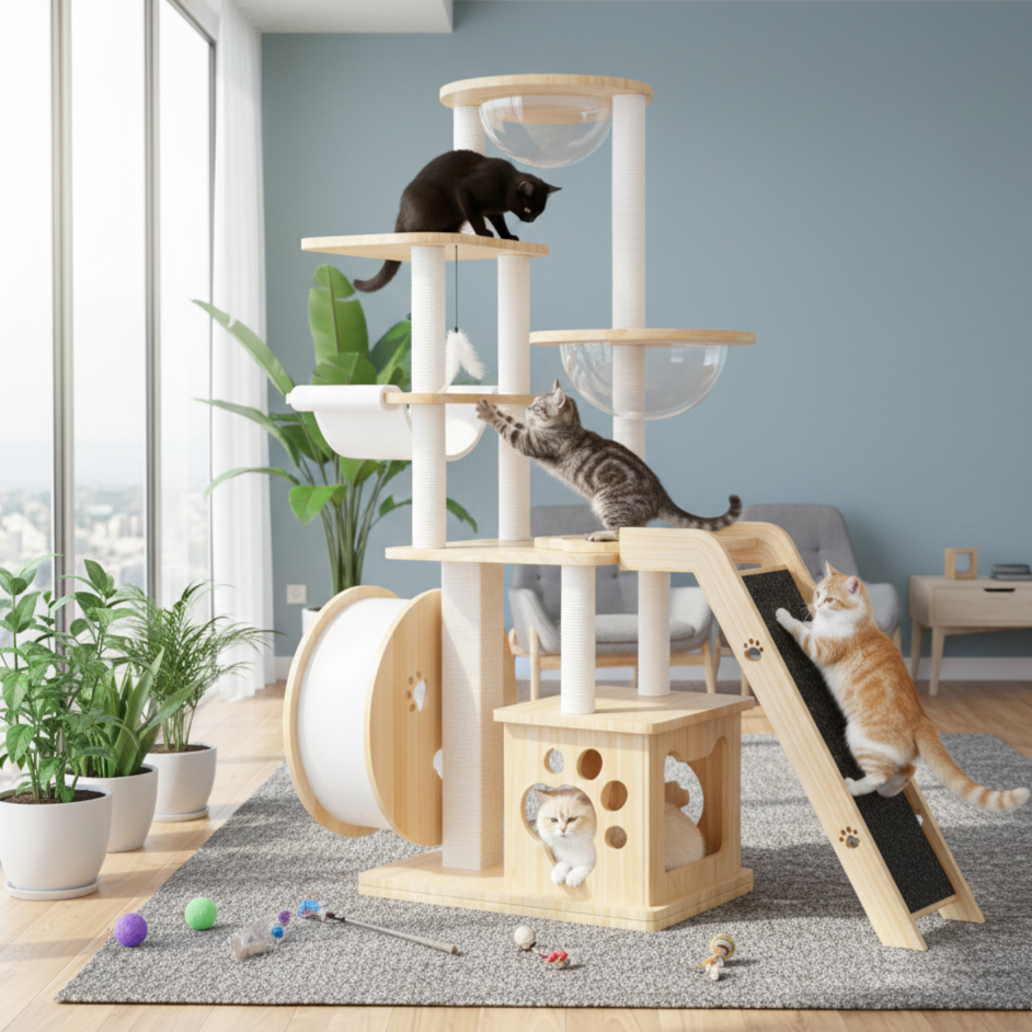 Modern Rectangular Solid Pine Wood Cat Tree with Acrylic Accents and Kraft Paper Rope — Multi-Level, Multi-Functional for Living Room