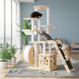 Modern Rectangular Solid Pine Wood Cat Tree with Acrylic Accents and Kraft Paper Rope — Multi-Level, Multi-Functional for Living Room