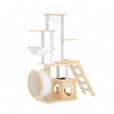 Modern Rectangular Solid Pine Wood Cat Tree with Acrylic Accents and Kraft Paper Rope — Multi-Level, Multi-Functional for Living Room
