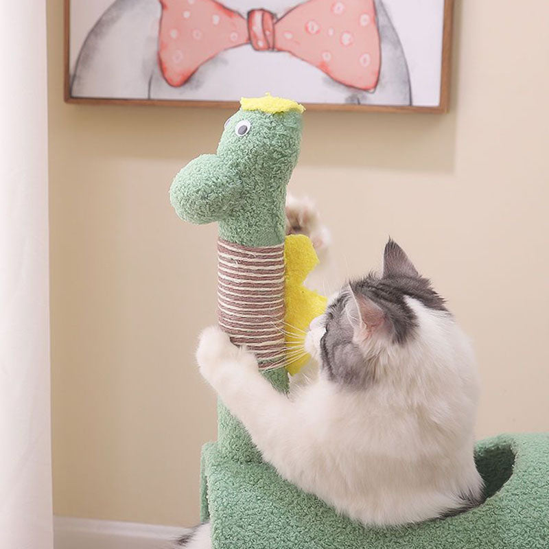 Modern Cylindrical Cat Tree with Chicken- and Dinosaur-Shaped Fabric Panels, Sisal-Wrapped Paper Tube, MDF Construction – Multi-Functional Bedroom Cat Furniture