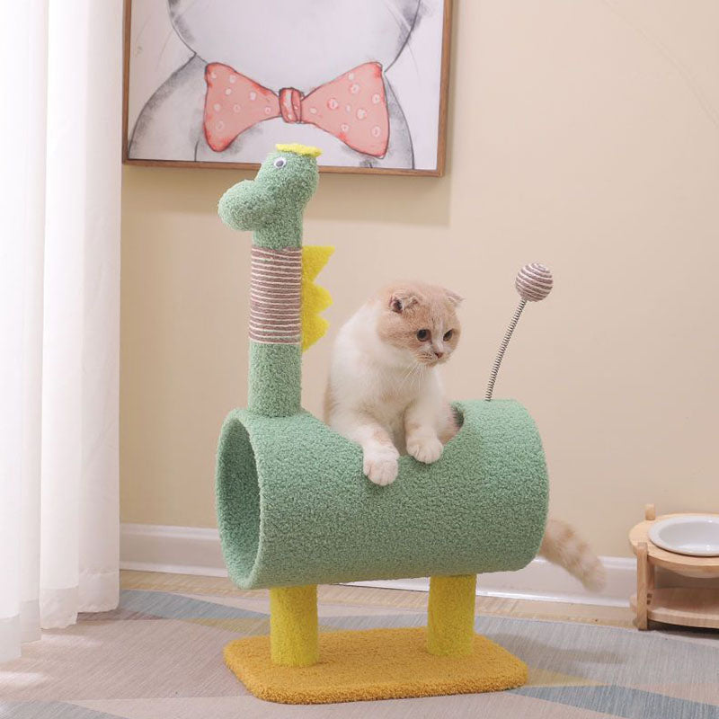 Modern Cylindrical Cat Tree with Chicken- and Dinosaur-Shaped Fabric Panels, Sisal-Wrapped Paper Tube, MDF Construction – Multi-Functional Bedroom Cat Furniture