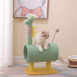 Modern Cylindrical Cat Tree with Chicken- and Dinosaur-Shaped Fabric Panels, Sisal-Wrapped Paper Tube, MDF Construction – Multi-Functional Bedroom Cat Furniture