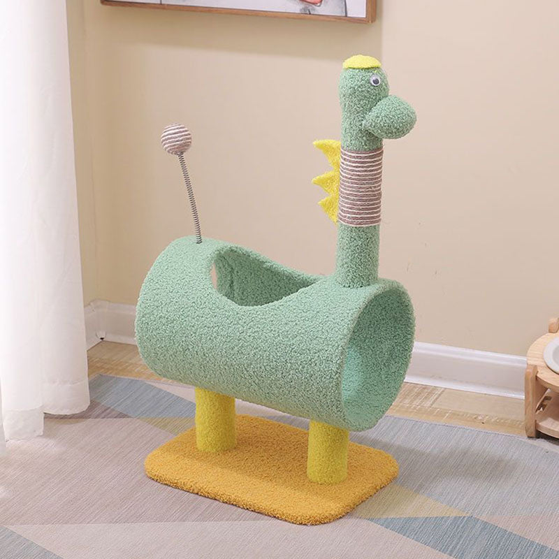 Modern Cylindrical Cat Tree with Chicken- and Dinosaur-Shaped Fabric Panels, Sisal-Wrapped Paper Tube, MDF Construction – Multi-Functional Bedroom Cat Furniture