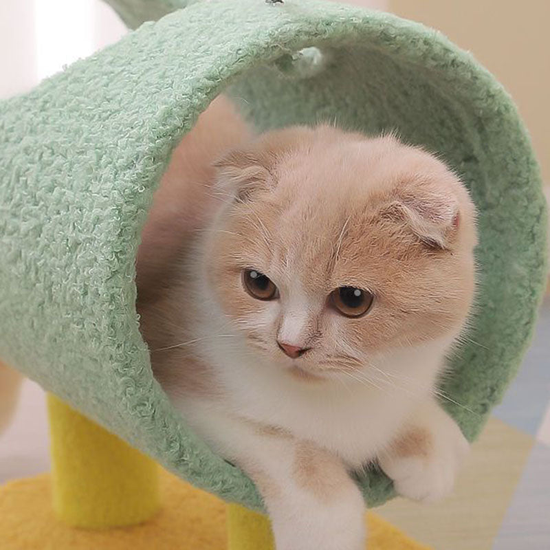 Modern Cylindrical Cat Tree with Chicken- and Dinosaur-Shaped Fabric Panels, Sisal-Wrapped Paper Tube, MDF Construction – Multi-Functional Bedroom Cat Furniture