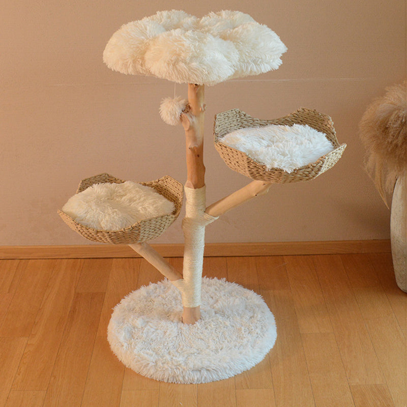 Contemporary Scandinavian Round Cloud-Shape Cat Tree in Natural Fruitwood MDF with Sisal and Velvet Fabric - Living Room Ready