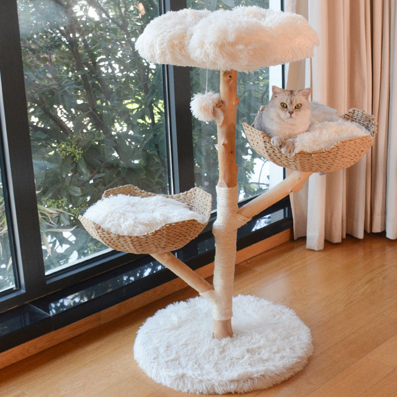 Contemporary Scandinavian Round Cloud-Shape Cat Tree in Natural Fruitwood MDF with Sisal and Velvet Fabric - Living Room Ready