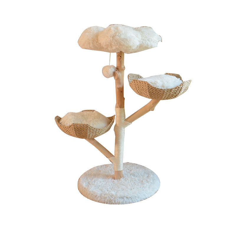 Contemporary Scandinavian Round Cloud-Shape Cat Tree in Natural Fruitwood MDF with Sisal and Velvet Fabric - Living Room Ready