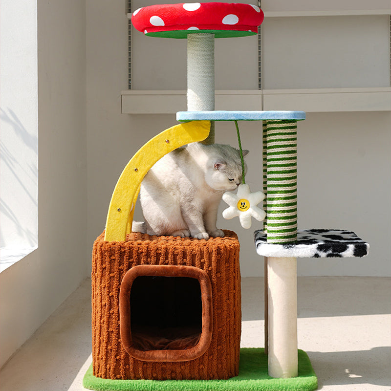 Contemporary Round Mushroom-Shaped PVC Cat Tree Panel – 3/4-Tier, Sisal and Velvet Fabric, Fairy Forest Style for Living Room