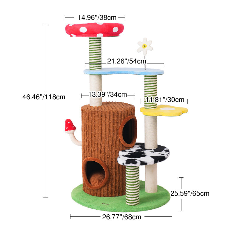 Contemporary Round Mushroom-Shaped PVC Cat Tree Panel – 3/4-Tier, Sisal and Velvet Fabric, Fairy Forest Style for Living Room