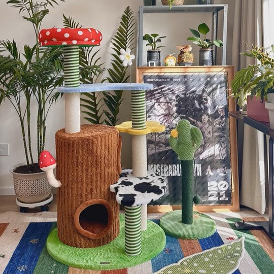 Contemporary Round Mushroom-Shaped PVC Cat Tree Panel – 3/4-Tier, Sisal and Velvet Fabric, Fairy Forest Style for Living Room