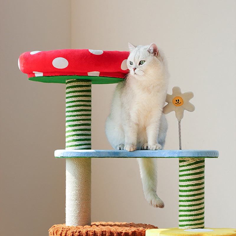 Contemporary Round Mushroom-Shaped PVC Cat Tree Panel – 3/4-Tier, Sisal and Velvet Fabric, Fairy Forest Style for Living Room