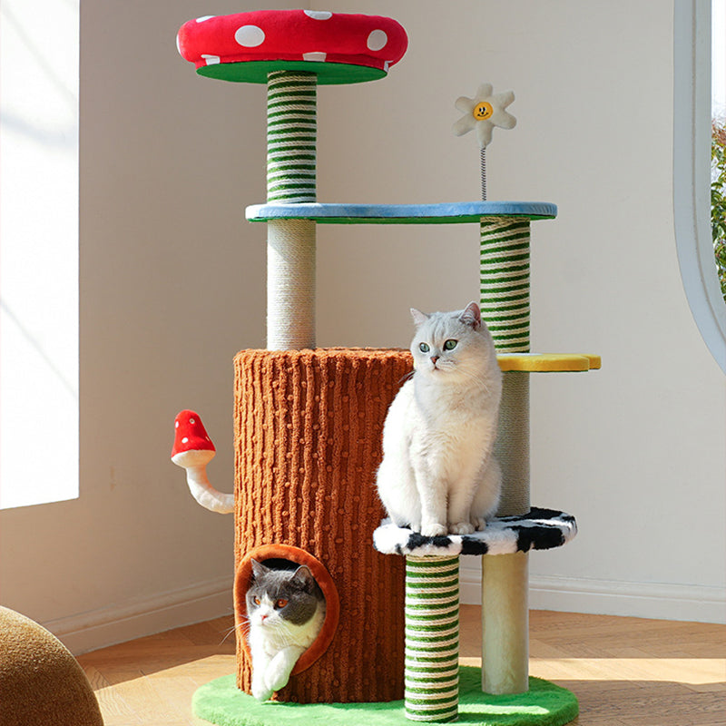 Contemporary Round Mushroom-Shaped PVC Cat Tree Panel – 3/4-Tier, Sisal and Velvet Fabric, Fairy Forest Style for Living Room