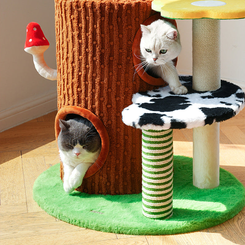 Contemporary Round Mushroom-Shaped PVC Cat Tree Panel – 3/4-Tier, Sisal and Velvet Fabric, Fairy Forest Style for Living Room