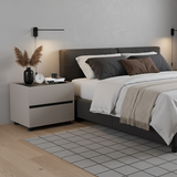 Sleek Modern Minimalist Nightstand with Dual Drawers — Light-Luxury Greige Neutral Bedside Storage Table for the Bedroom