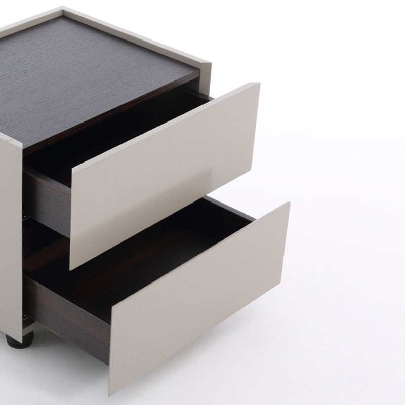 Sleek Modern Minimalist Nightstand with Dual Drawers — Light-Luxury Greige Neutral Bedside Storage Table for the Bedroom