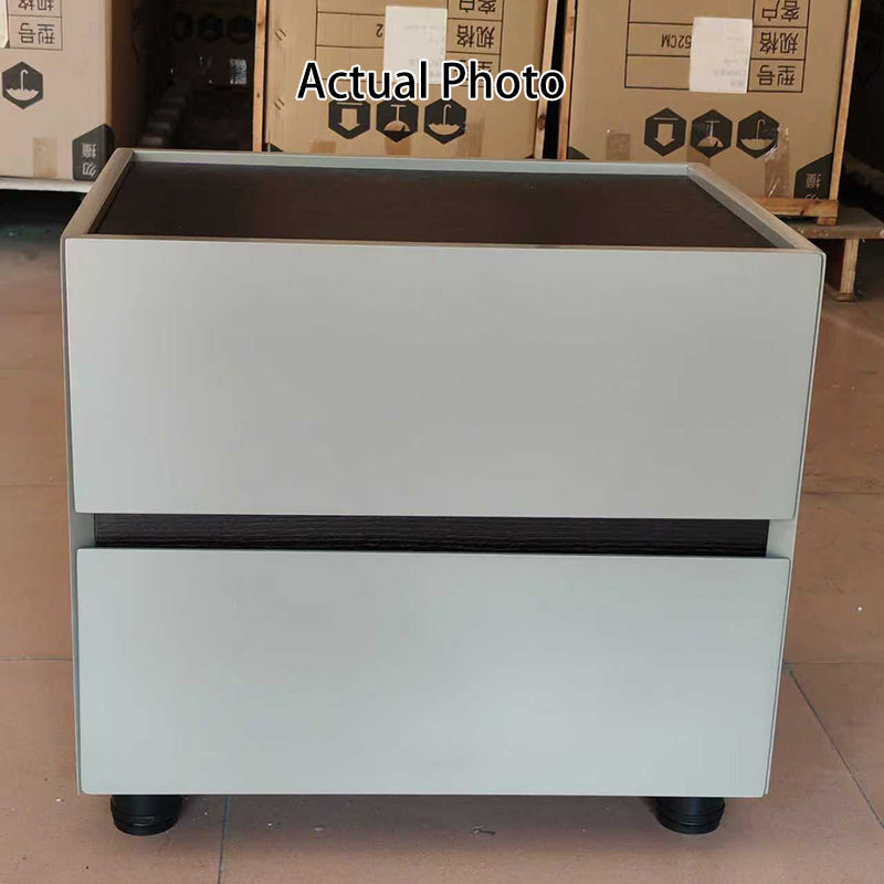 Sleek Modern Minimalist Nightstand with Dual Drawers — Light-Luxury Greige Neutral Bedside Storage Table for the Bedroom